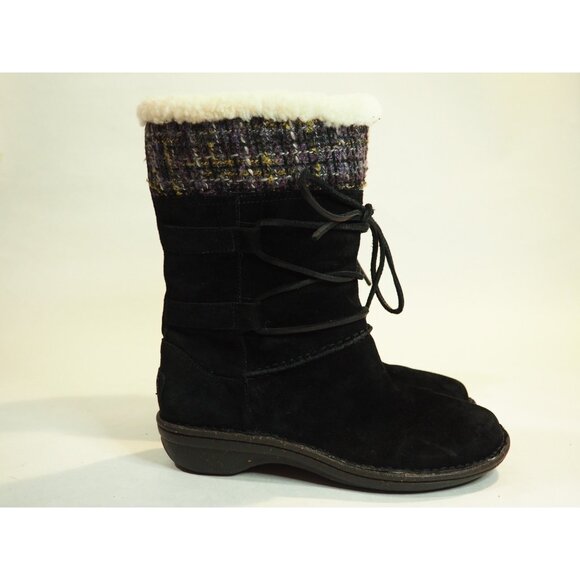 Ugg Black Leather Suede Tweed Cuff Sheepskin Lined Laced Boots, Size 9 (US) - Picture 4 of 12